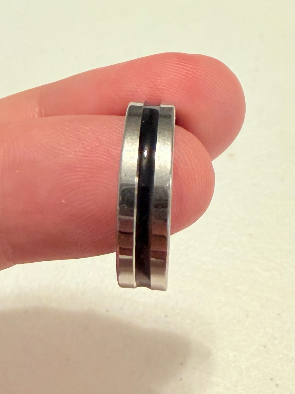 Stainless Steel Ring With Black Inlay.